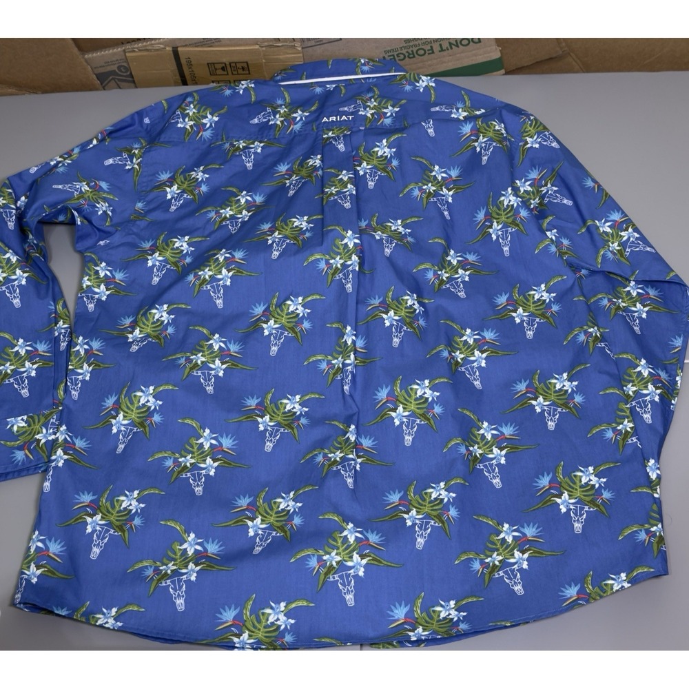 ARIAT L Large Logan Classic Fit Shirt Long Sleeve Blue Animal Skull Floral Print - Picture 7 of 7